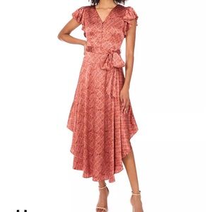 Vince Camuto Flutter Sleeve V-Neck Wrap Midi Dress in Rust Pink